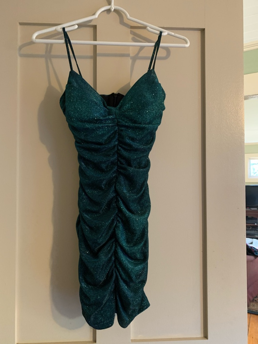 Jump Emerald Green Sparkle Ruched Mini Dress